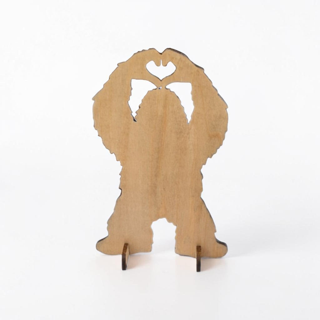 Dogman's Designs Bigfoot silhouette wooden desk stand with heart hands. Available in walnut and light wood.